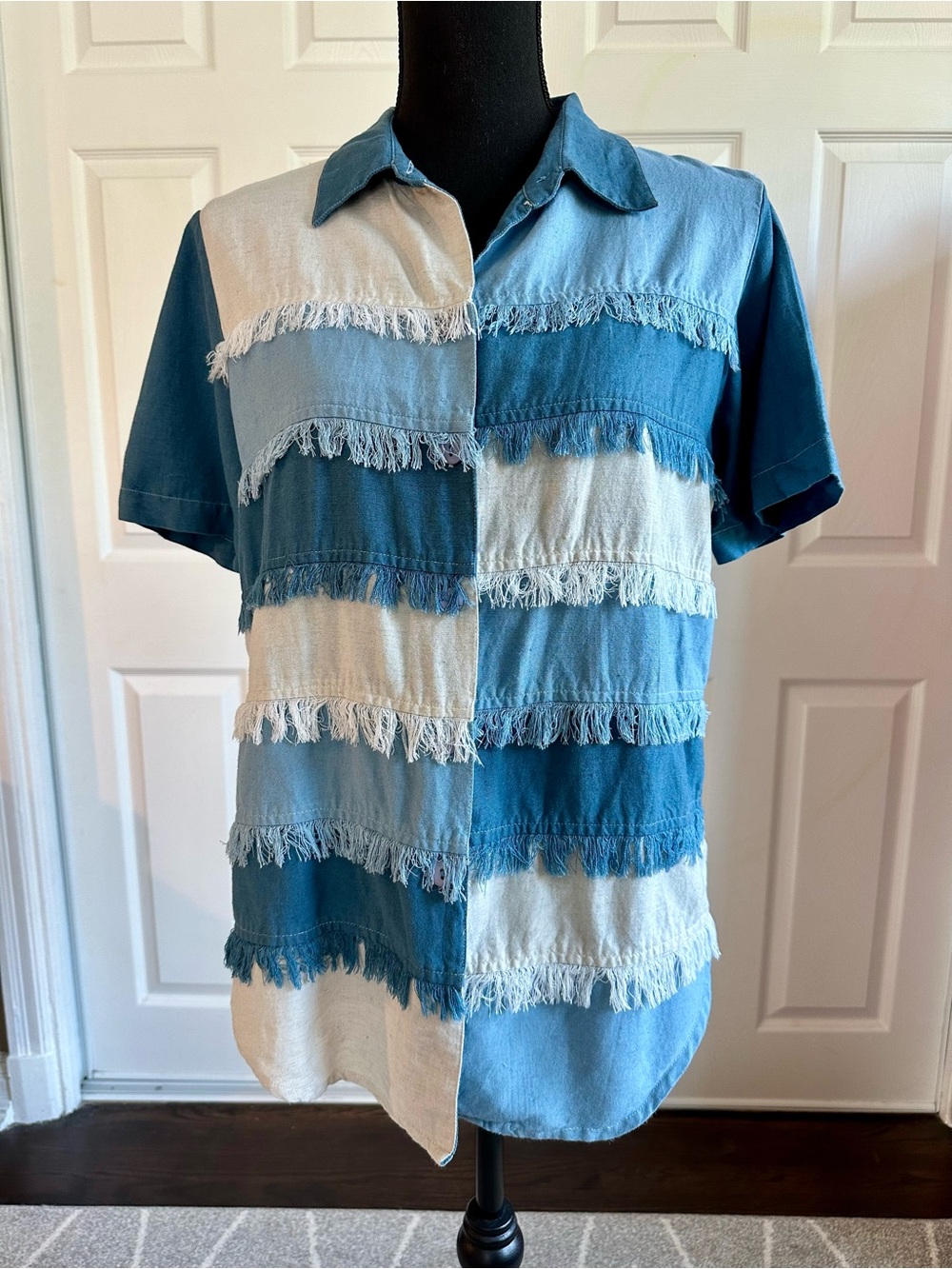 Bedford Fair Patchwork Blue 80s Vintage Fringe Button Down Short Sleeve Shirt